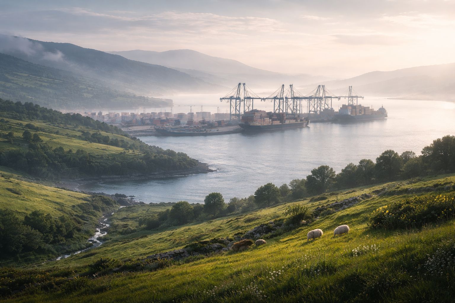 Container port with cranes and ships on a green coastline in the morning mist