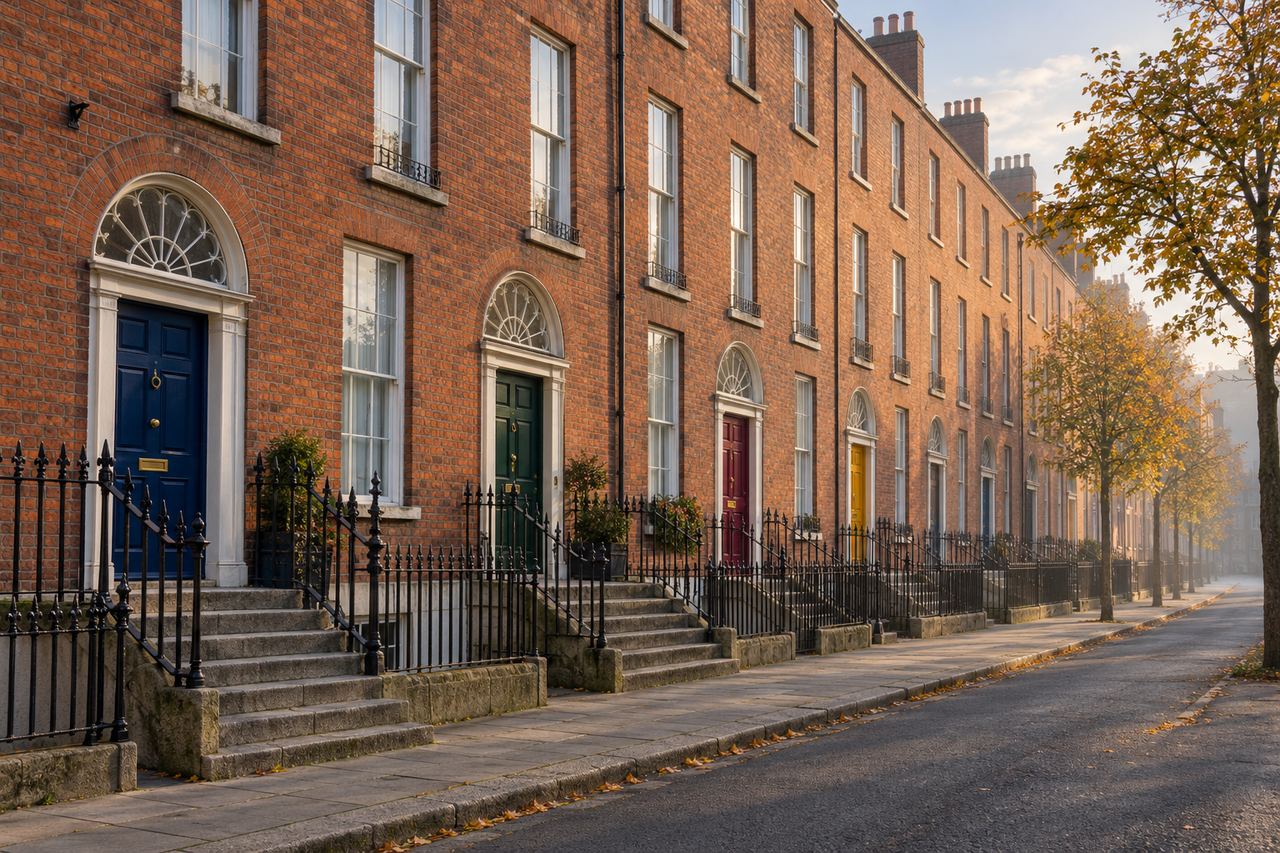 Georgian red-brick terrace in Dublin with coloured front doors and fanlights in autumn